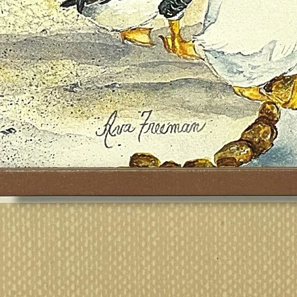 Geese Vintage Ava Freeman Watercolor Print Framed Brown Mat Wood Frame Country